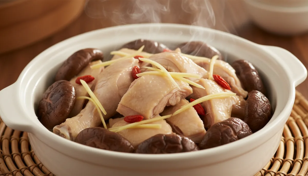 Pollo Cinese al Vapore con Funghi Shiitake e Bacche di Goji