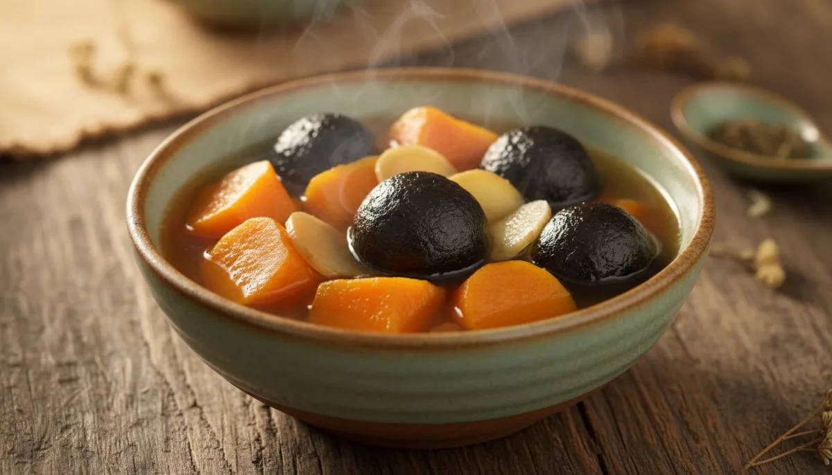 Sopa China de Camote y Jengibre con Dumplings de Sésamo Negro