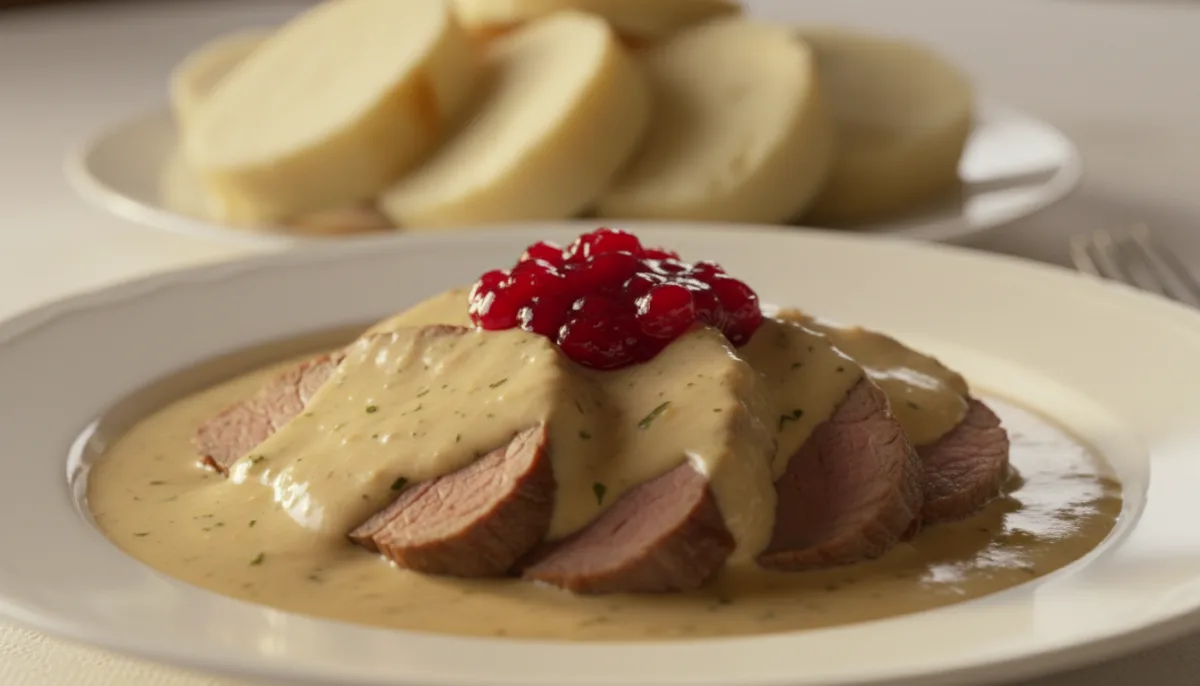 Klassische tschechische Svíčková mit Sahnesauce und Preiselbeeren
