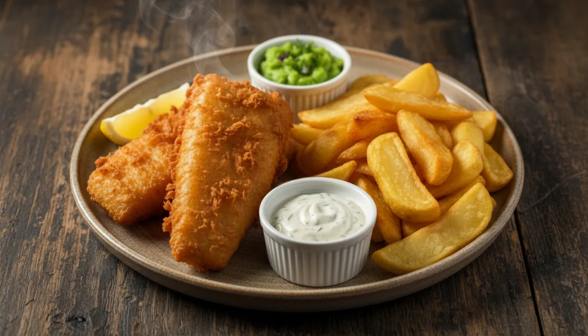 Klassische englische Fish and Chips mit Erbsenpüree und Remoulade