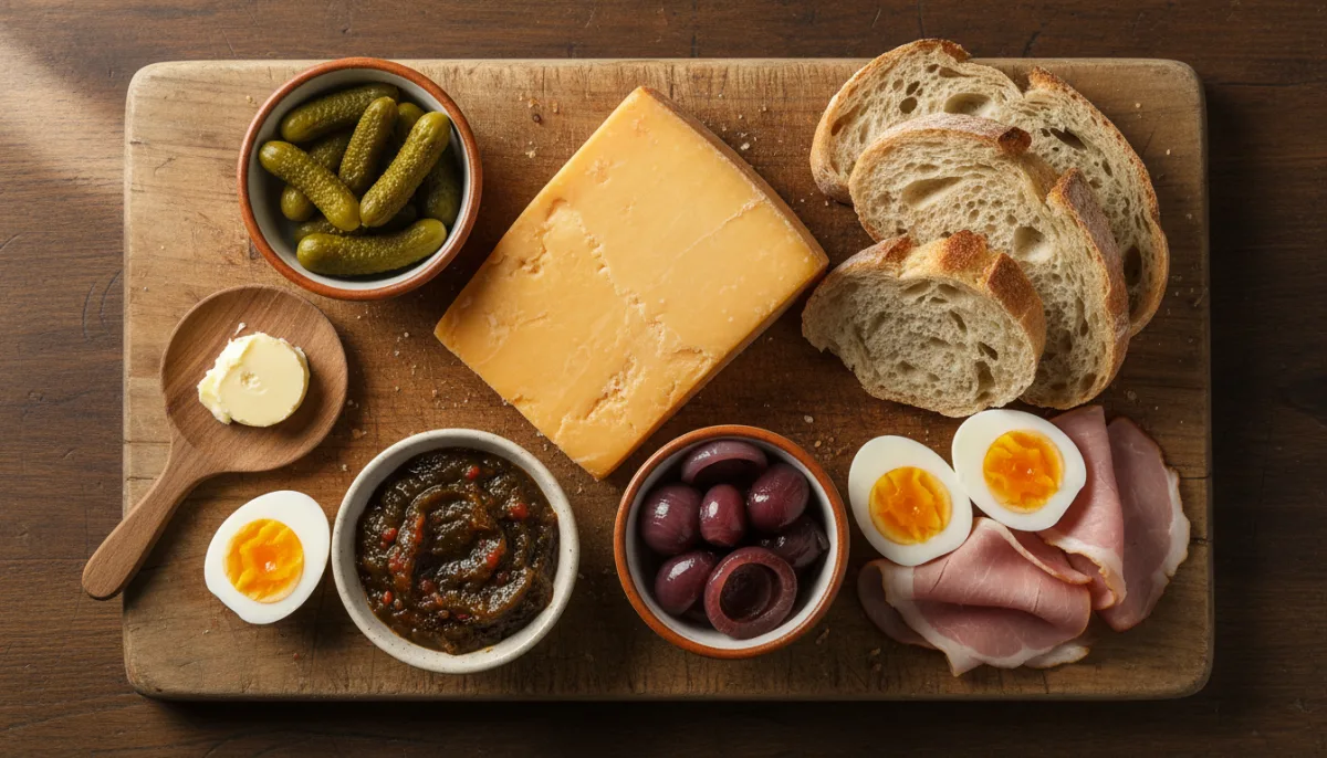 Classic English Ploughman's Lunch with Cheddar, Pickles, and Crusty Bread