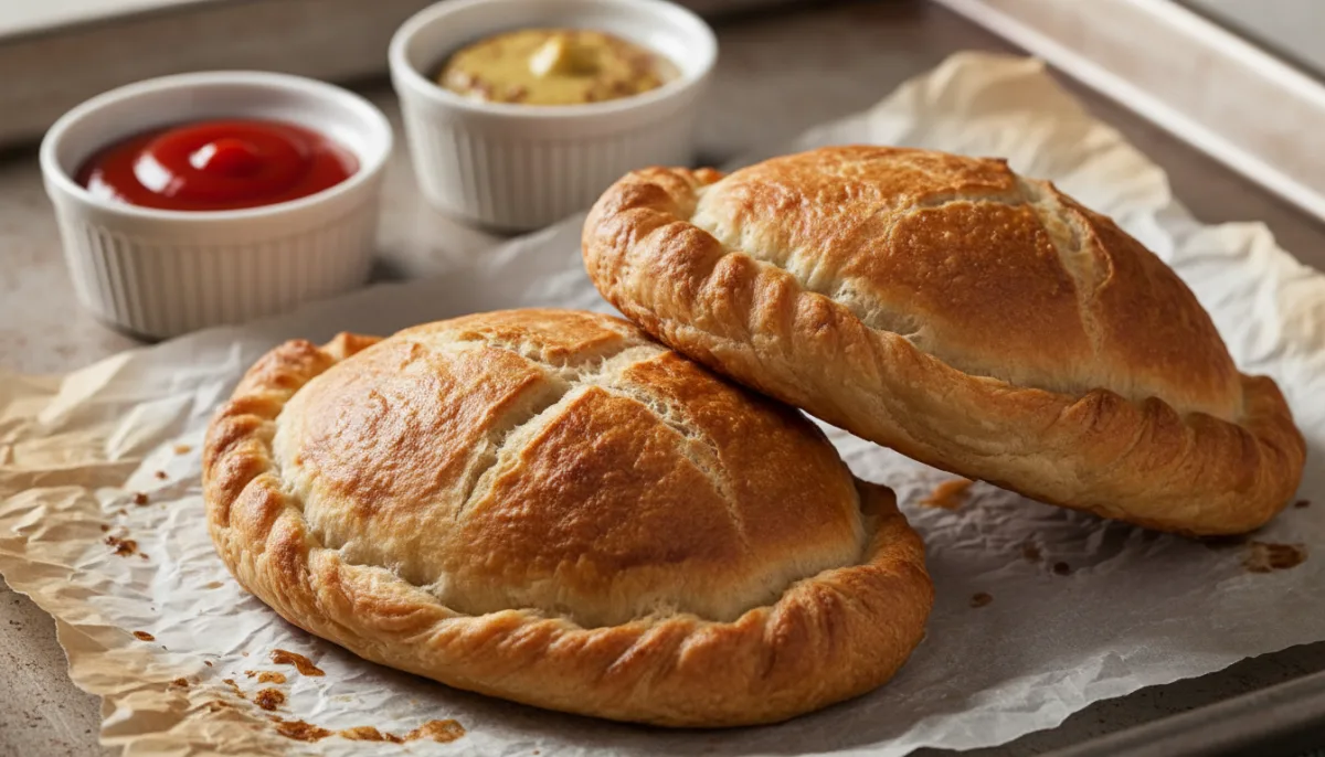 Classic Finnish Meat Pie (Lihapiirakka) with Ketchup and Mustard