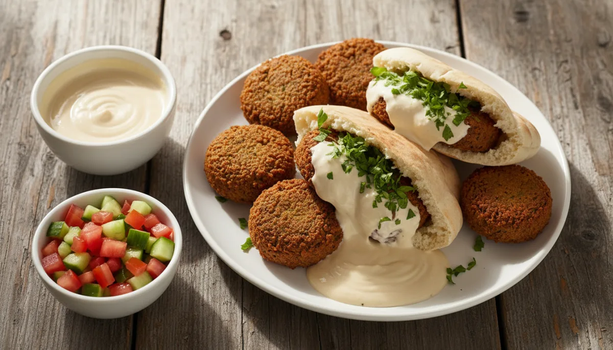 Traditional Israeli Falafel with Tahini Drizzle and Warm Pita