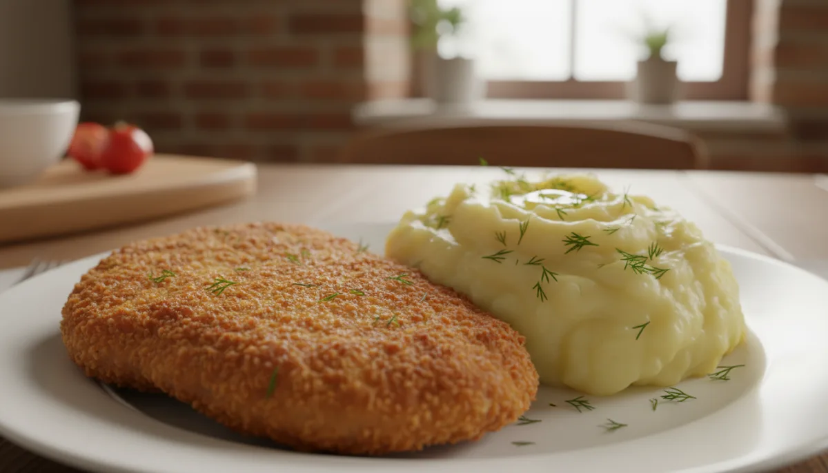 Κλασικό Πολωνικό Kotlet Schabowy με Κρεμώδη Πουρέ Πατάτας με Άνηθο