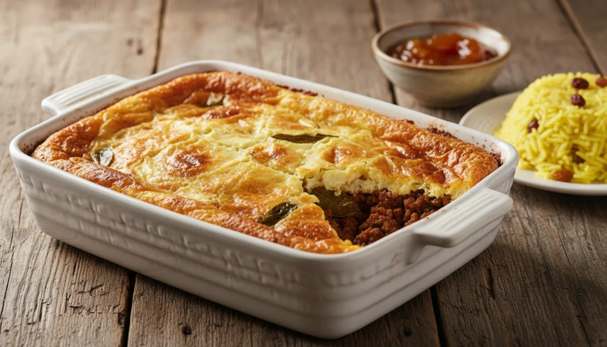 Traditional South African Bobotie: Savory Minced Meat Bake with Custard Topping