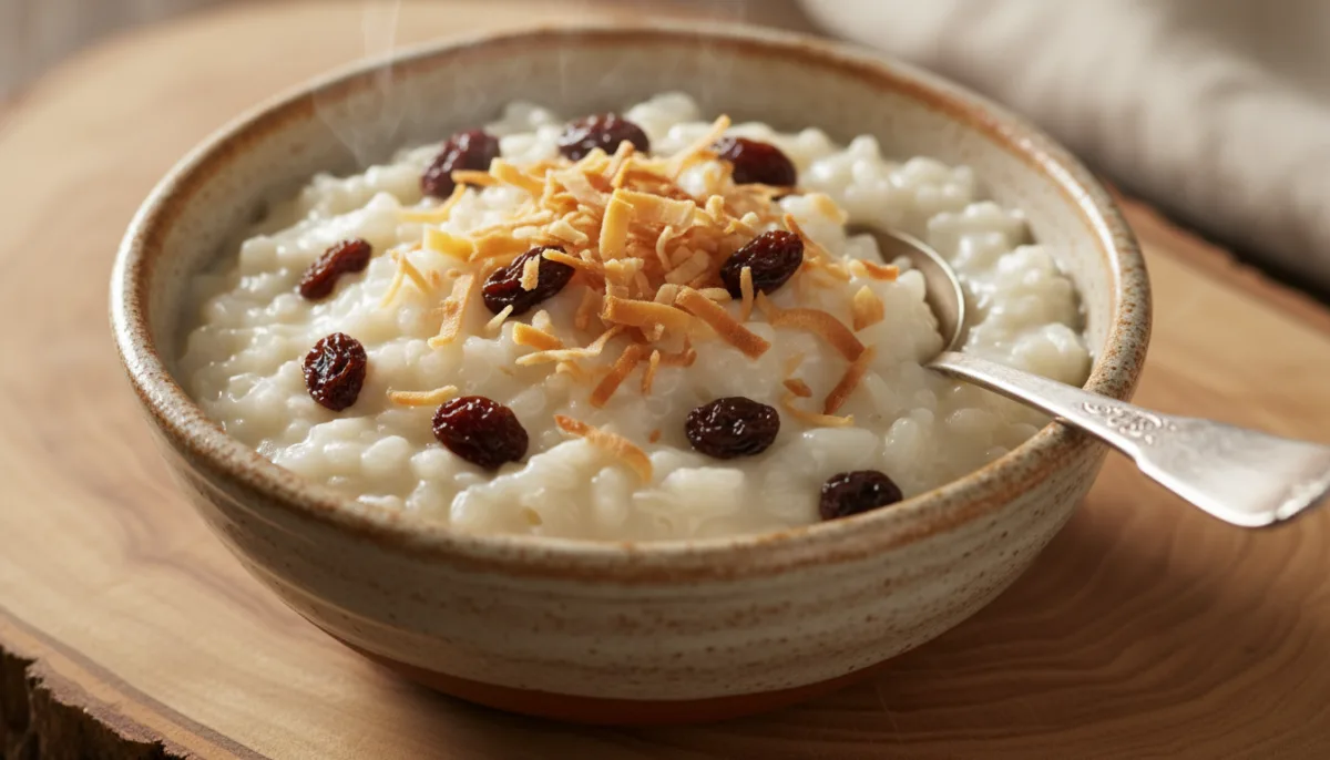 Tropischer Arroz con Leche aus Costa Rica mit Kokosnuss und Rosinen