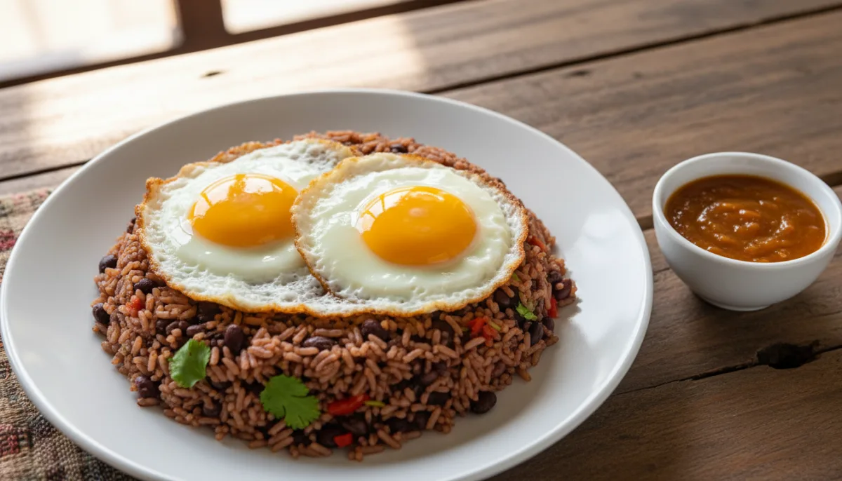 Costa Ricanisches Gallo Pinto mit Spiegeleiern und Lizano-Sauce