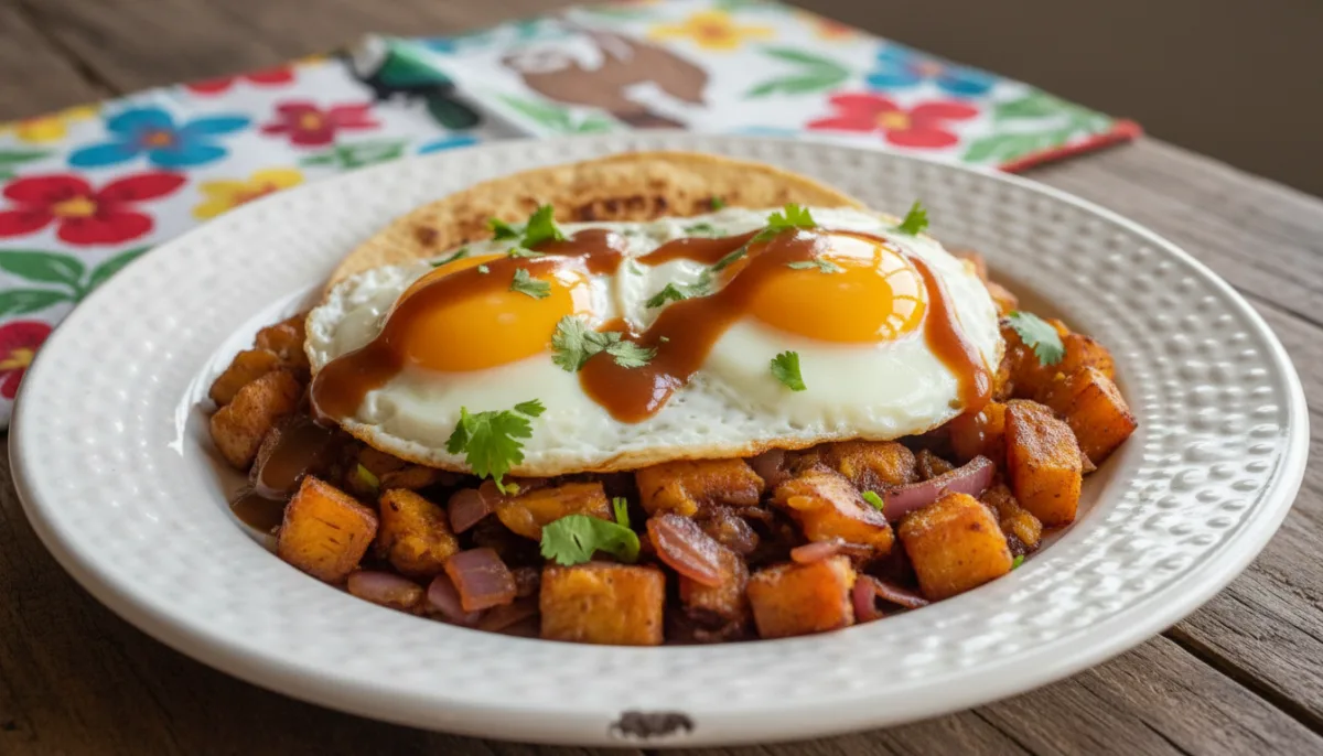 Costa-ricanische Huevos Rancheros mit Salsa Lizano und Kochbananen-Hash
