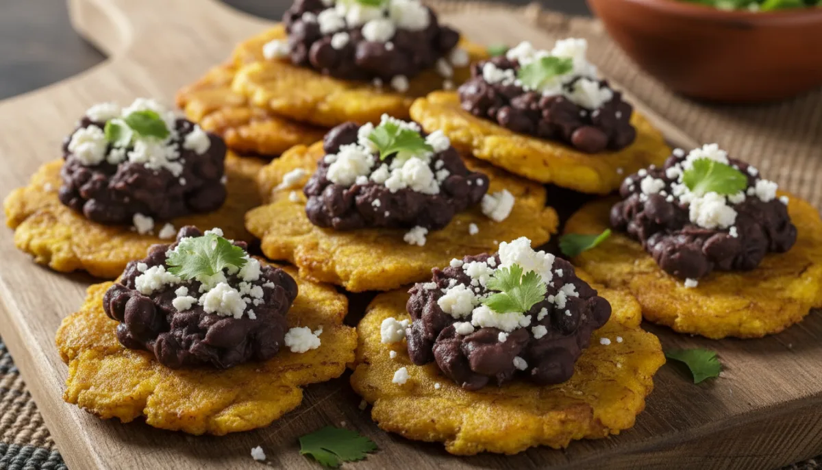Knusprige Patacones nach Costa Ricanischer Art mit Bohnenmus und Queso Fresco