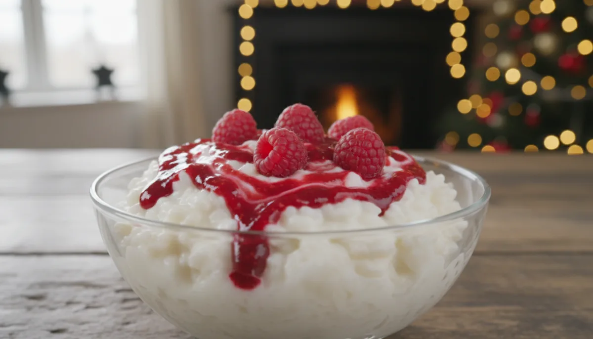 Arroz con Leche Cremoso Noruego y Salsa de Frambuesa (Riskrem)