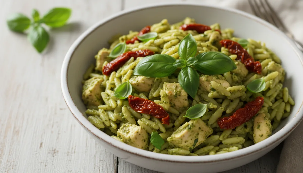 Orzo Crémeux au Poulet, Pesto et Tomates Séchées