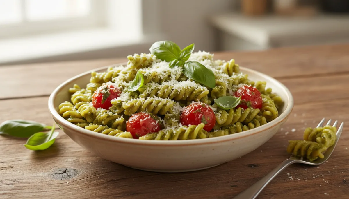 Makaronat Kremoze me Pesto dhe Domate Qershi