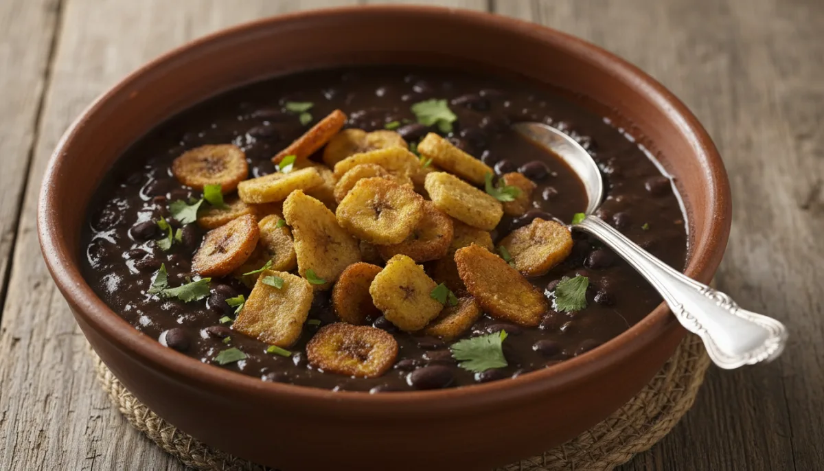 Kubanische Schwarze Bohnensuppe mit knusprigen Kochbananen-Croutons