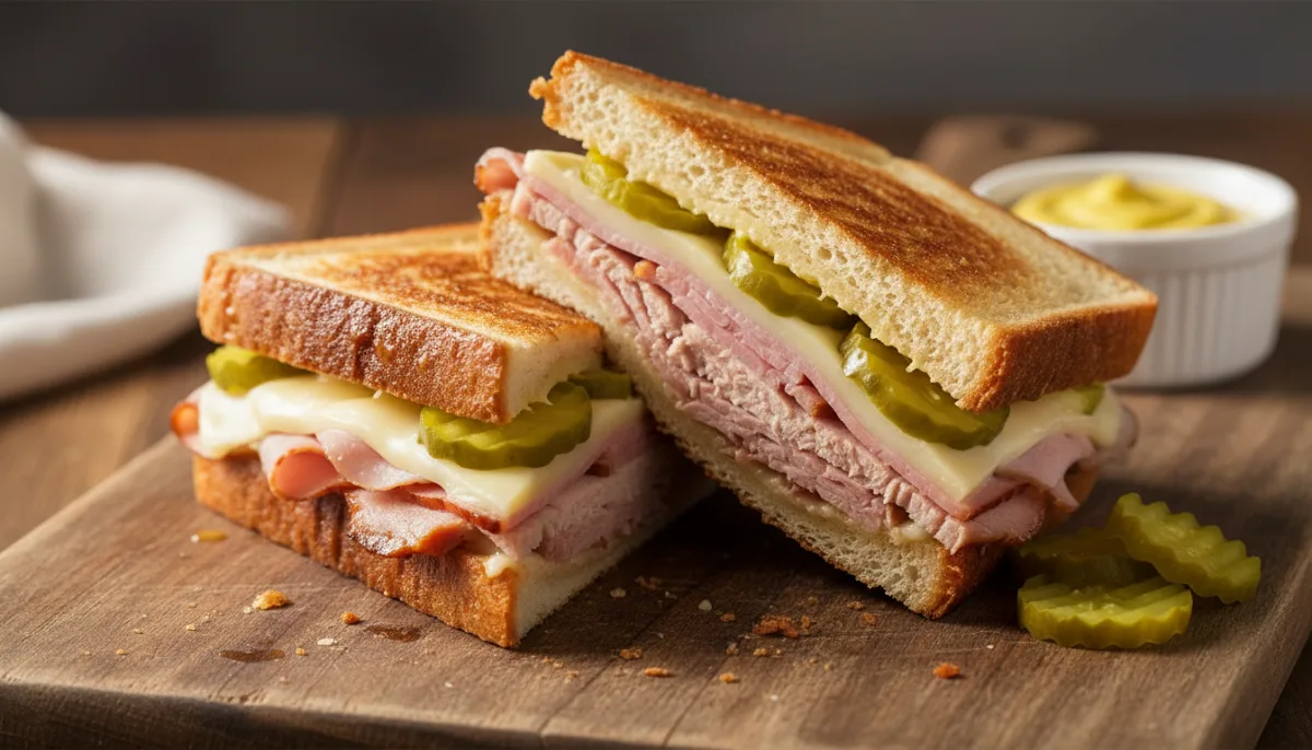 Kubanisches Medianoche-Sandwich mit Schweinebraten und Schweizer Käse