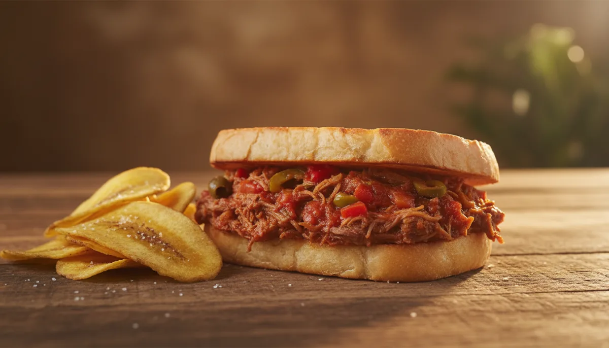 Sanduiç Kuban Ropa Vieja me Patatina Plantain
