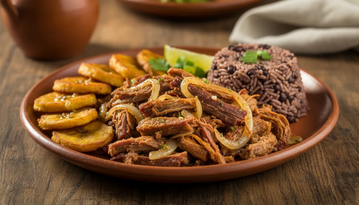 Cuban Vaca Frita with Congri and Tostones
