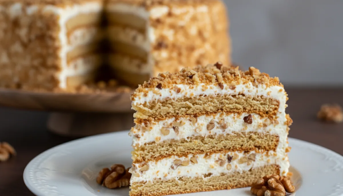 Medovník Checo Tradicional: Pastel de Miel con Glaseado de Queso Crema y Nueces