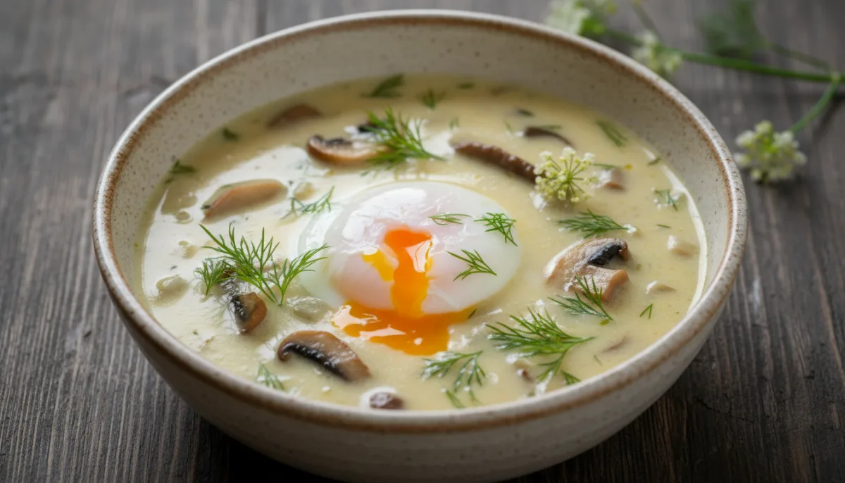 Traditional Czech Kulajda: Creamy Mushroom & Dill Soup with Poached Egg