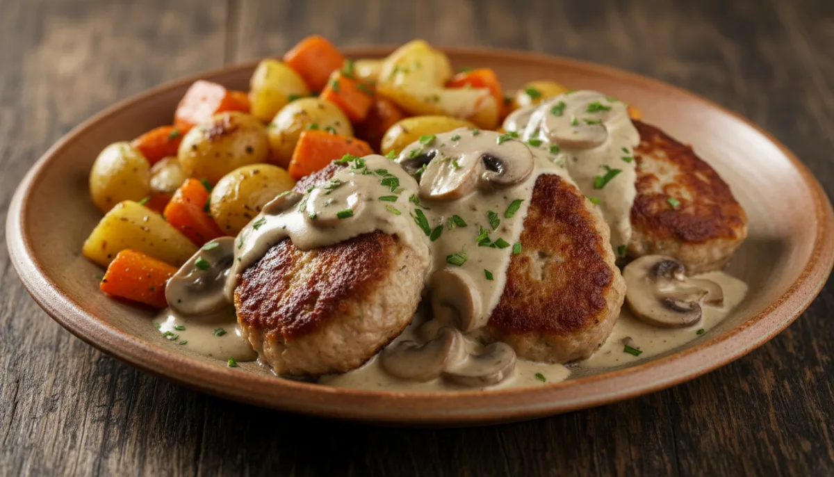 Hearty Danish Frikadeller with Creamy Mushroom Sauce and Roasted Root Vegetables