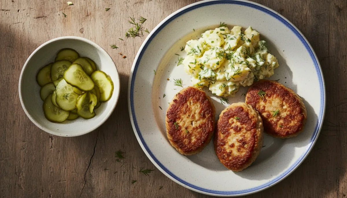Danish Frikadeller with Creamy Potato Salad and Pickled Cucumbers