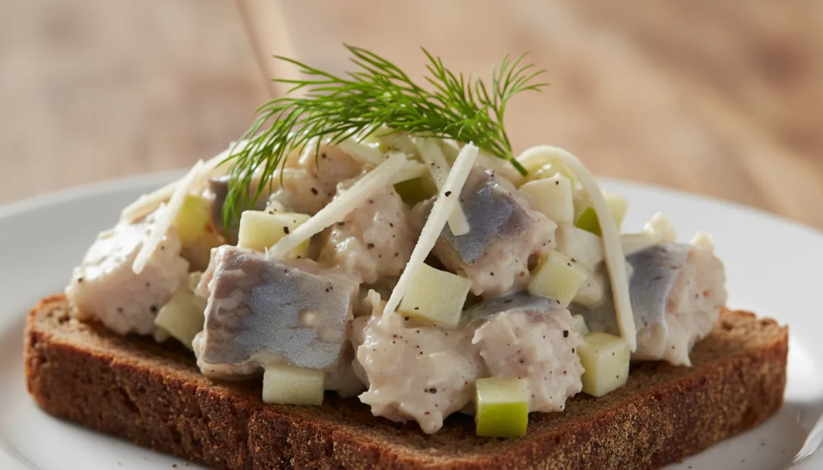 Danish Herring Salad with Apples and Horseradish on Rye Bread