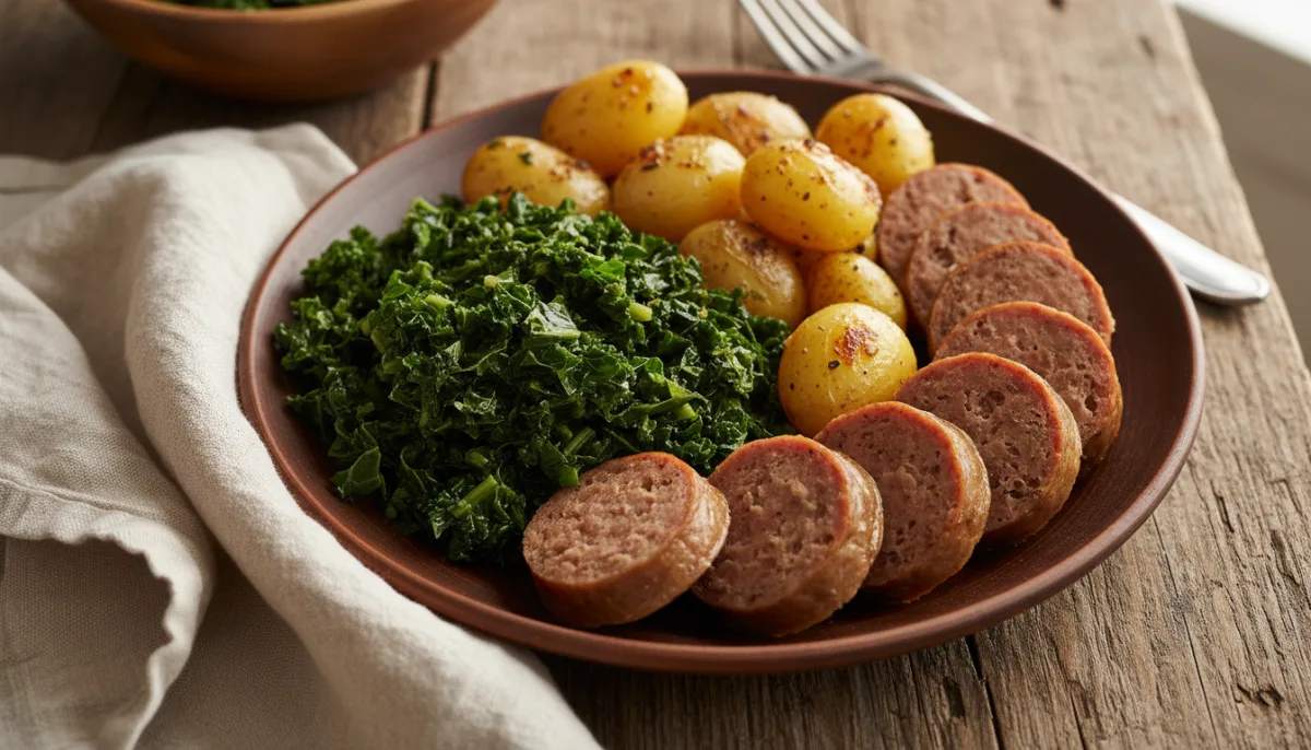 Medisterpølse Daneze me Lakër të Zier dhe Patate të Karamelizuara