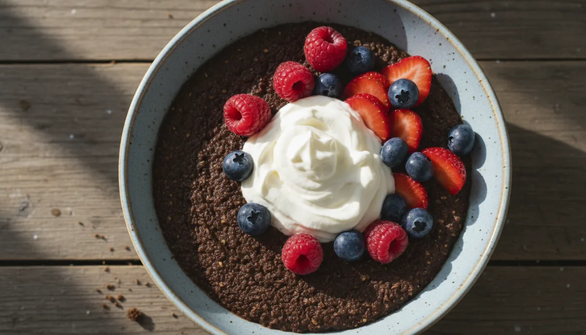 Hearty Danish Rye Bread Porridge (Øllebrød) with Whipped Cream and Berries