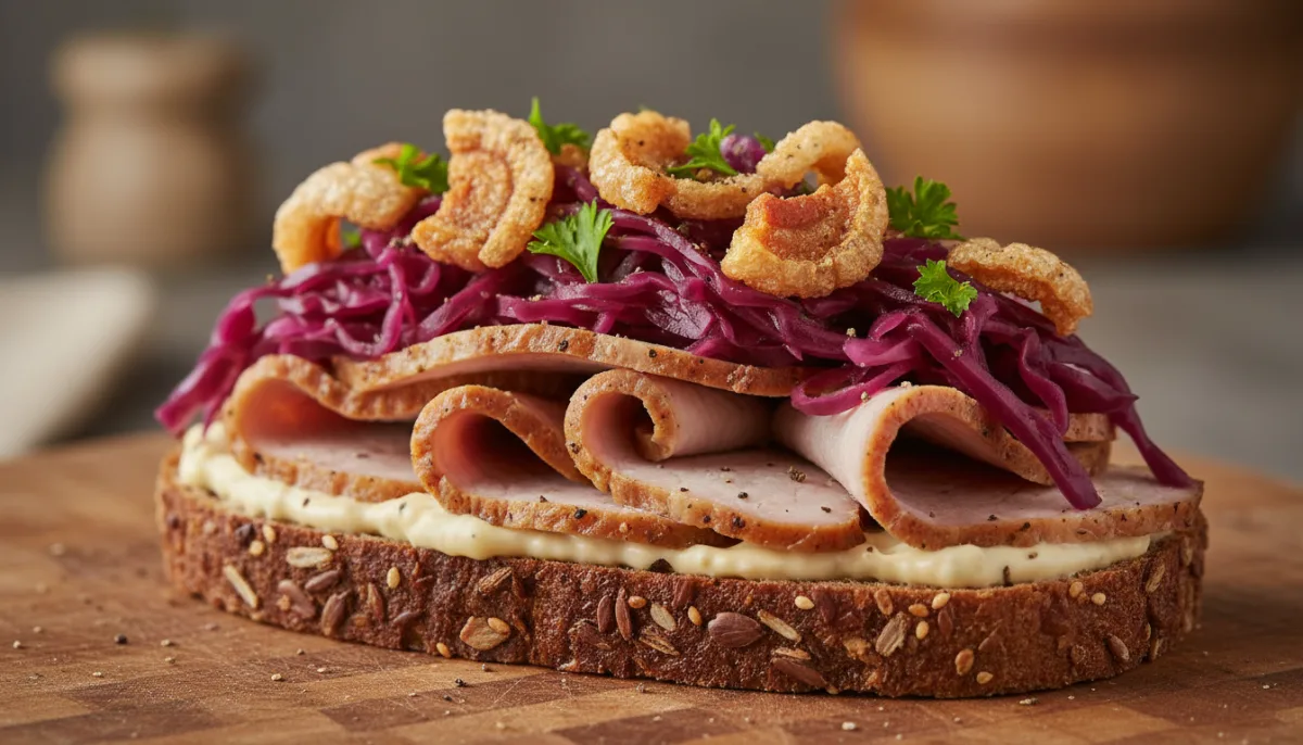 Smørrebrød Danez me Mish Derri të Pjekur, Lakër të Kuqe të Turshitur dhe Lëkurë Derri Krokante