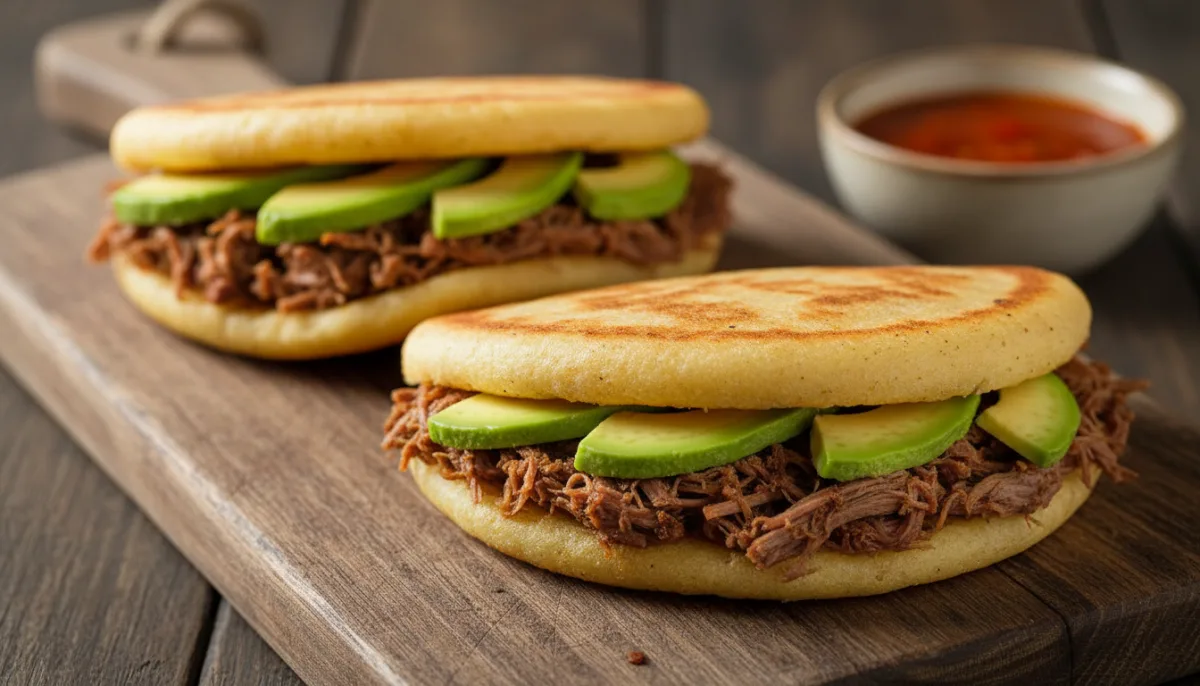 Dominikanische Arepas mit geschmortem Rindfleisch und Avocado