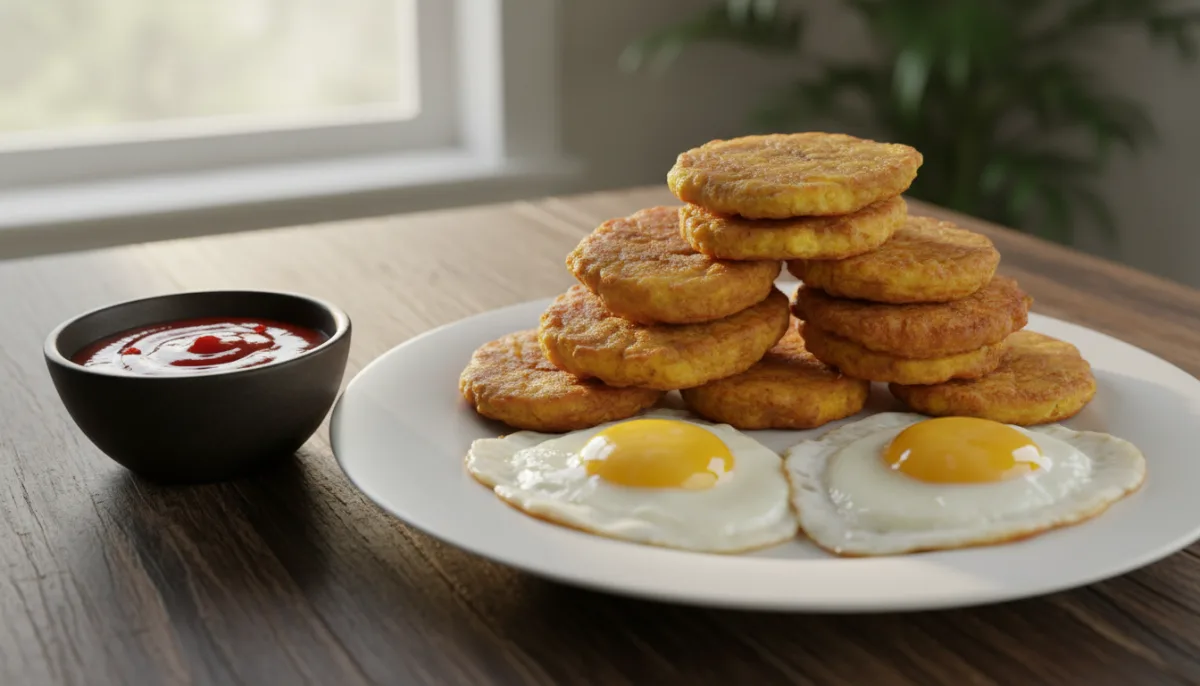 Dominican Tostones with Fried Eggs and Spicy Ketchup