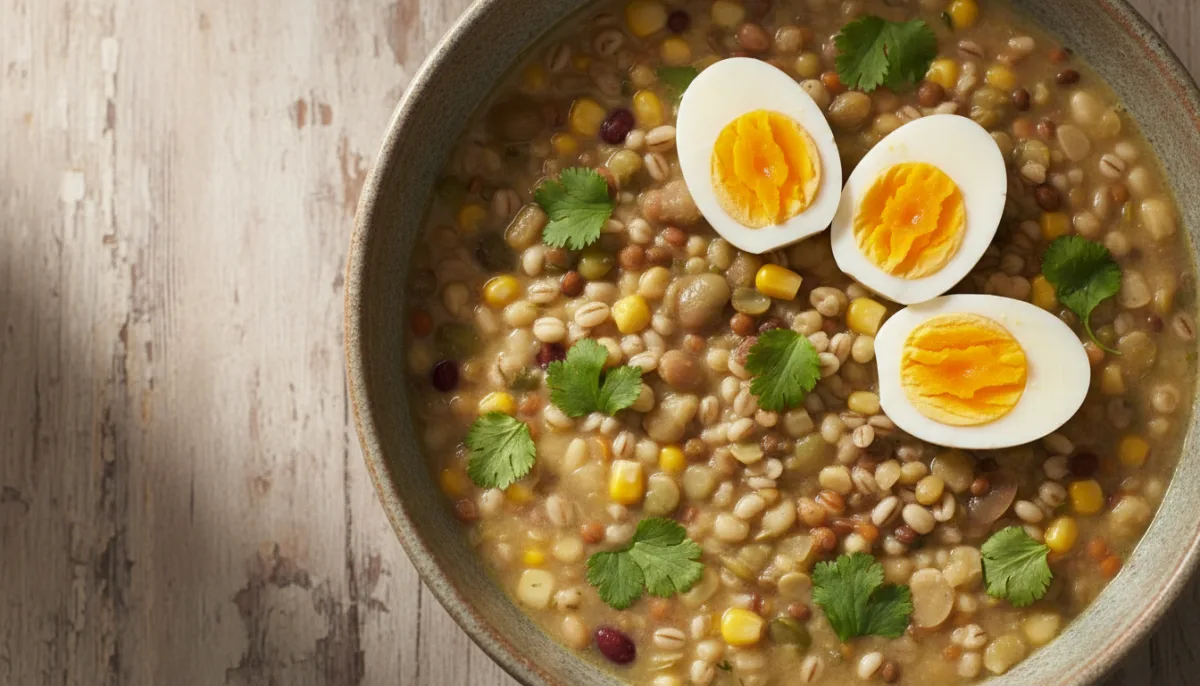 Ecuadorianische Fanesca (Anden-Getreide- und Bohnensuppe) mit hartgekochten Eiern