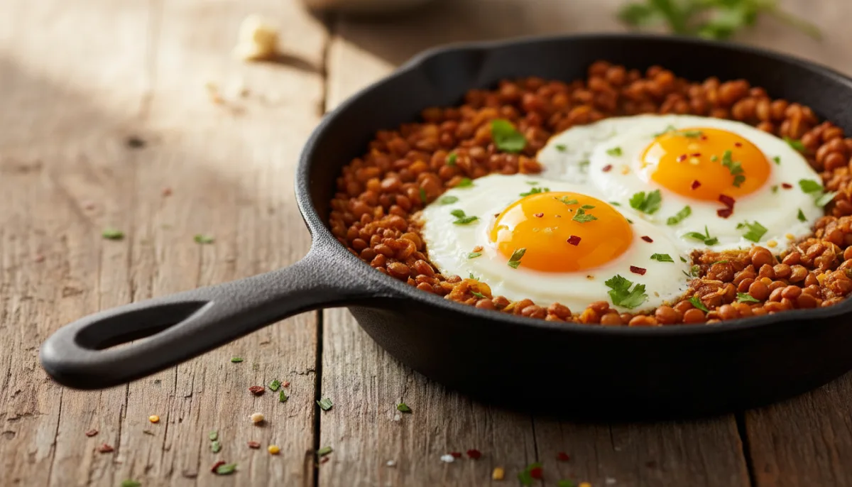 Poêlée Égyptienne de Lentilles Épicées et Œufs