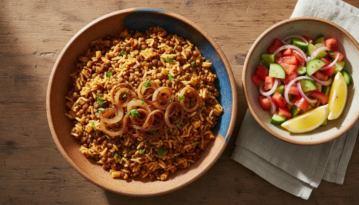 Egyptian Spiced Lentil and Rice Pilaf with Caramelized Onions