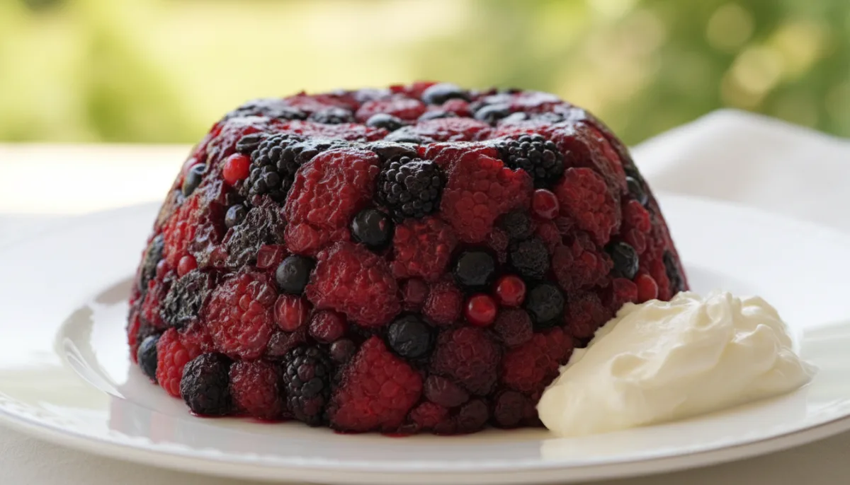 Classic English Summer Pudding with Mixed Berries and Clotted Cream