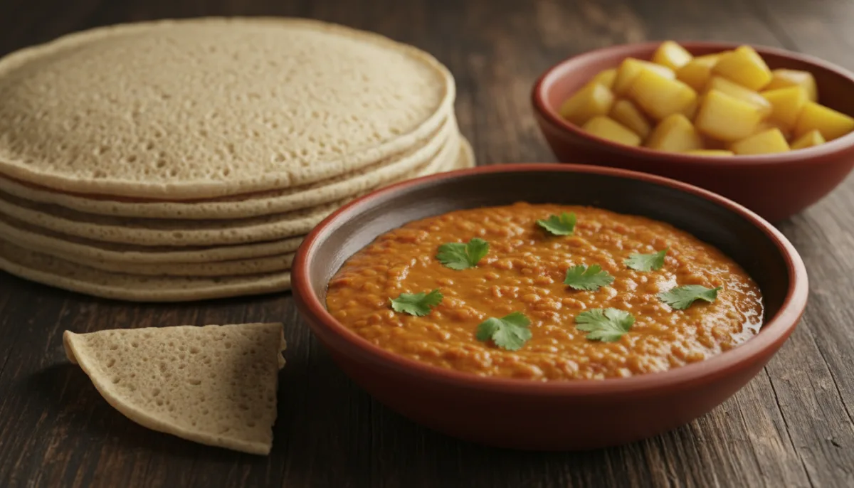 Eritrean Alicha Birsen (Mild Lentil Stew) with Injera and Potatoes