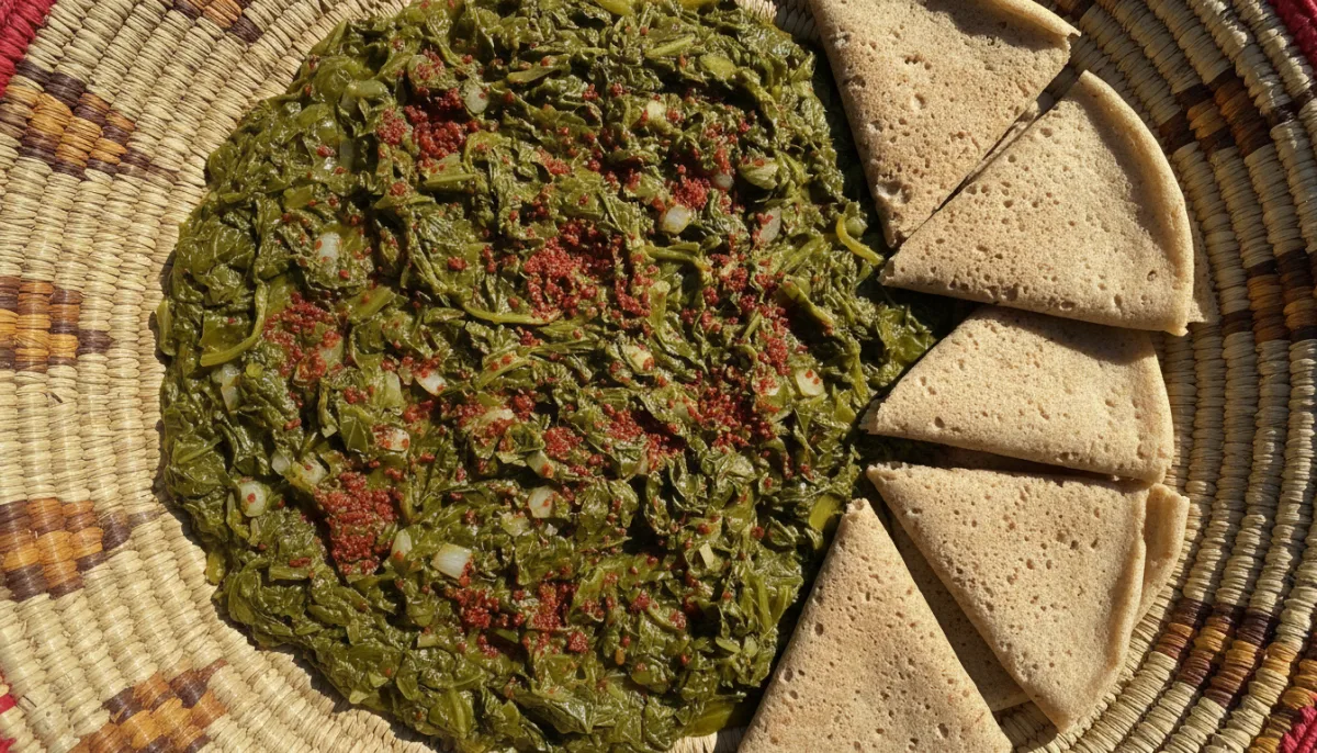 Eritrean Hamli: Spiced Collard Greens with Injera
