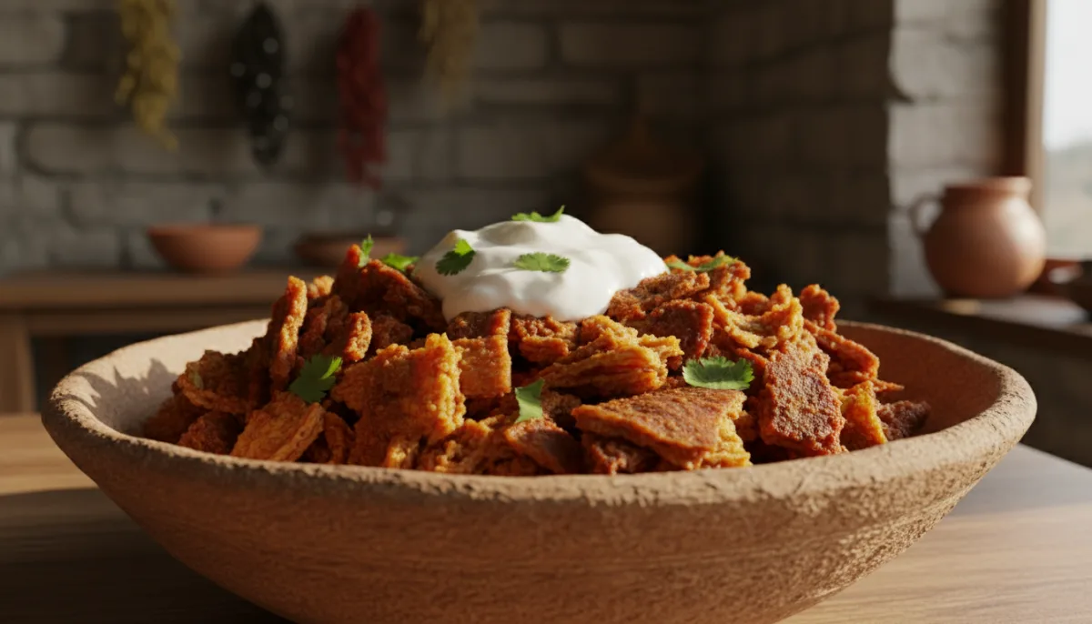 Eritreisches Kitcha Fit-Fit (Zerrissenes Fladenbrot mit Berbere-Sauce) und Joghurt
