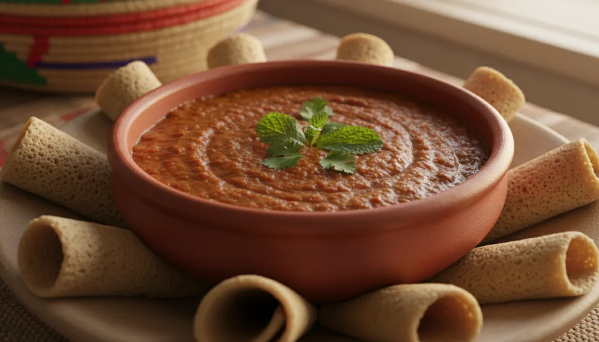 Hearty Eritrean Shiro: Chickpea Flour Stew with Berbere and Injera