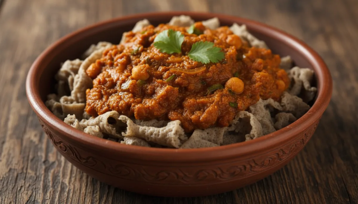 Eritreisches Shiro Fit-Fit (Zerrissenes Injera mit Kichererbseneintopf)