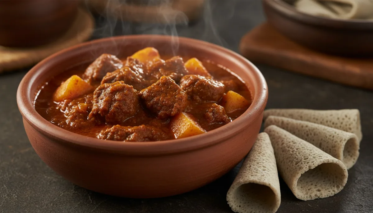 Kari Pikant Eritrean me Mish Viçi dhe Patate me Injera