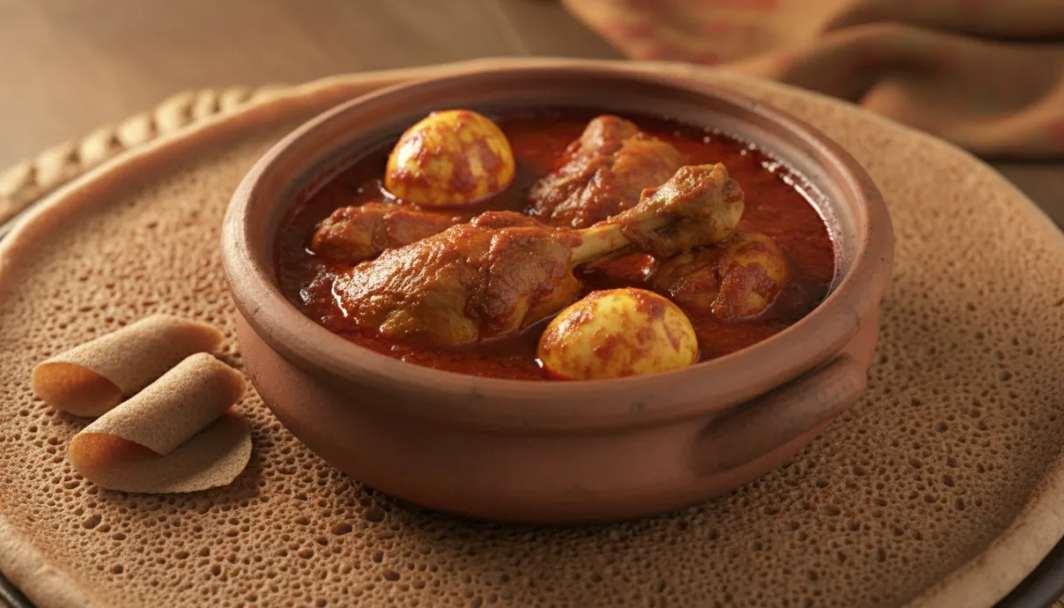 Eritreisches Tsebhi Dorho (Hähncheneintopf) mit hartgekochten Eiern und Injera