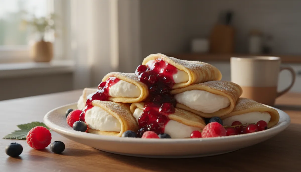 Estonian Pannkoogid with Sweetened Quark and Berry Jam