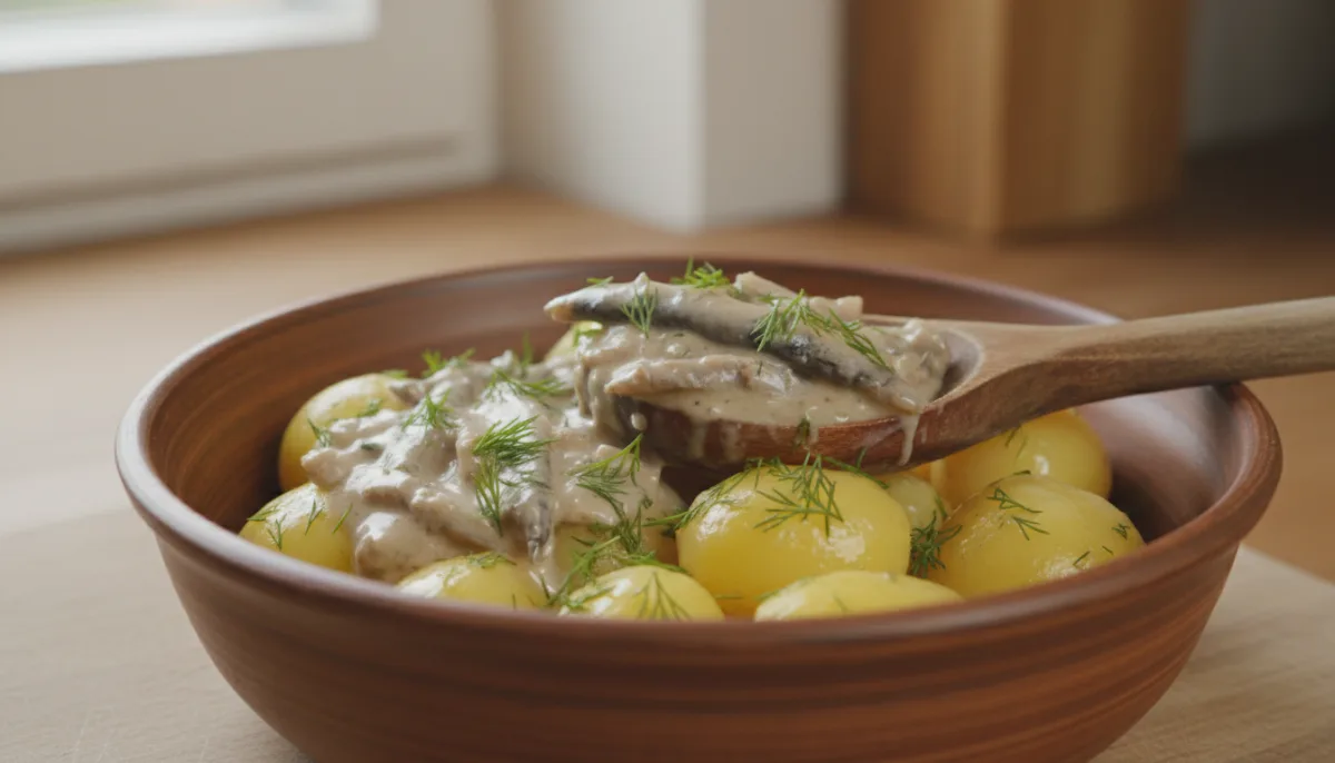 Estonian Silgusoust (Baltic Sprat Sauce) with Boiled Potatoes and Dill
