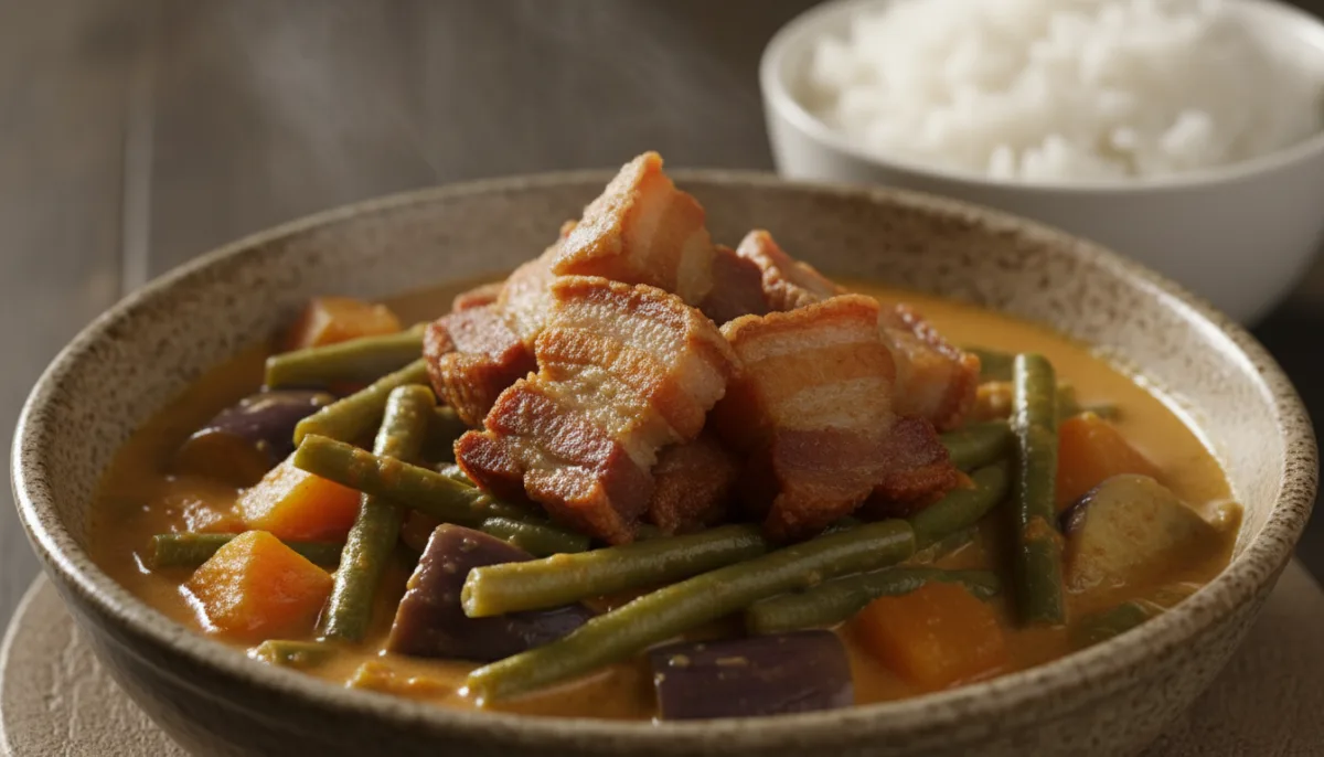 Ginataang Gulay Filipino con Pasta di Gamberetti e Maiale Croccante