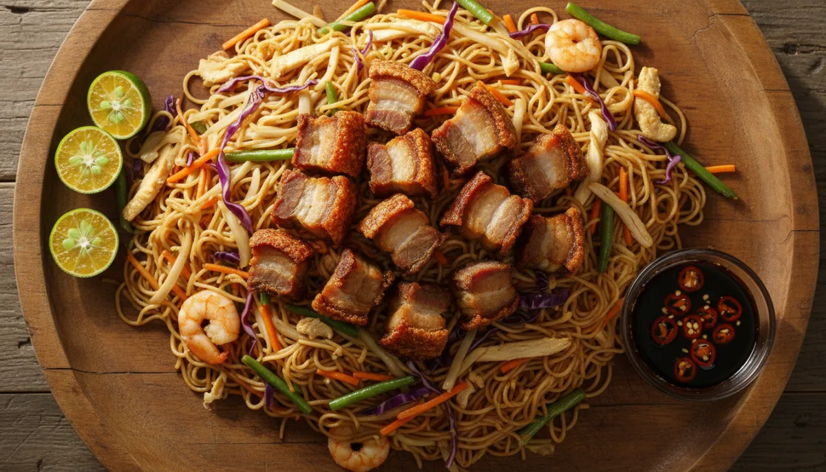 Pancit Bihon filipinas me Lechon Kawali krokante