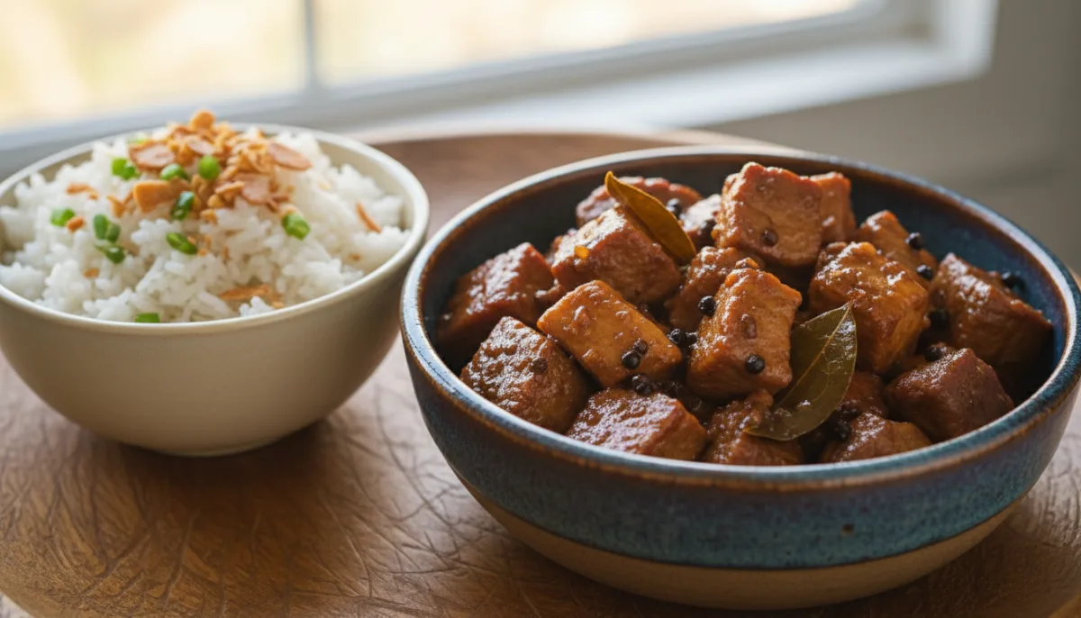Adobo di Maiale Filipino con Riso all'Aglio