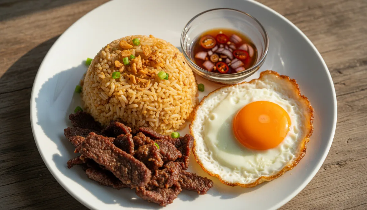 Tapsilog Filipino (Mish Viçi i Kuruar, Oriz i Fërguar dhe Vezë)