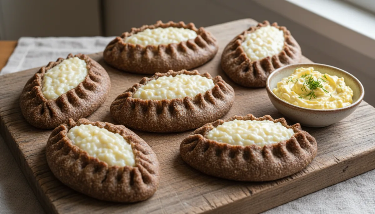 Finnish Karjalanpiirakka: Rye Crust Pastries with Creamy Rice Porridge Filling