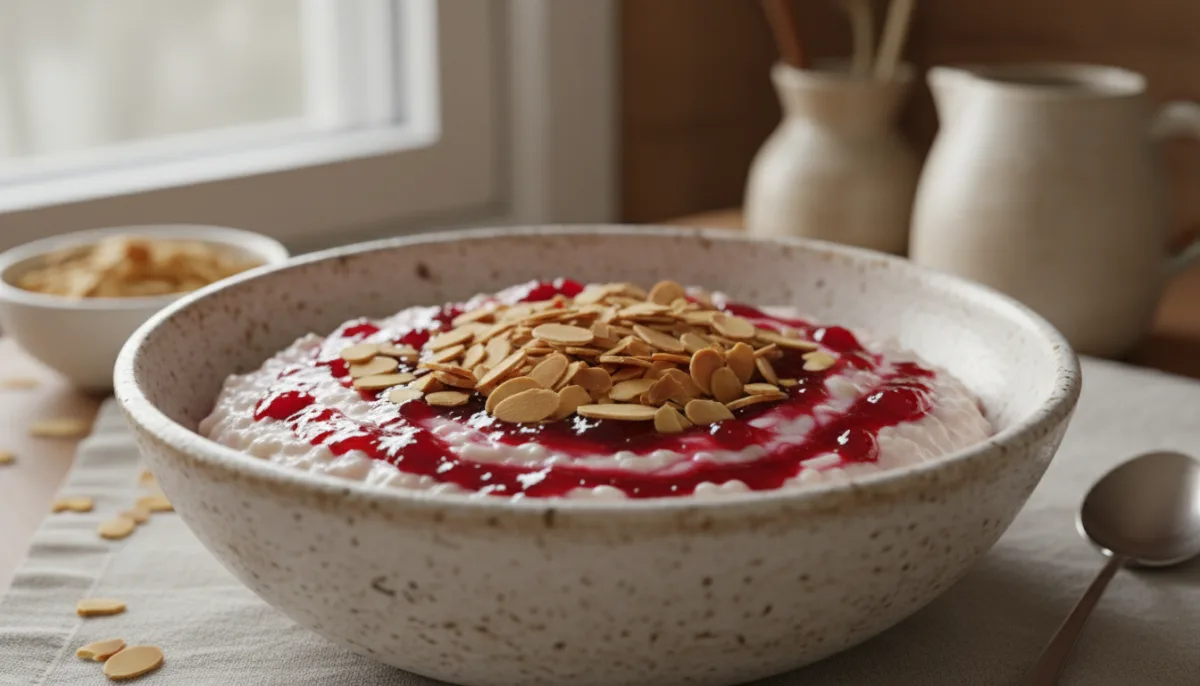 Nordic Lingonberry & Cardamom Rice Pudding with Toasted Almonds