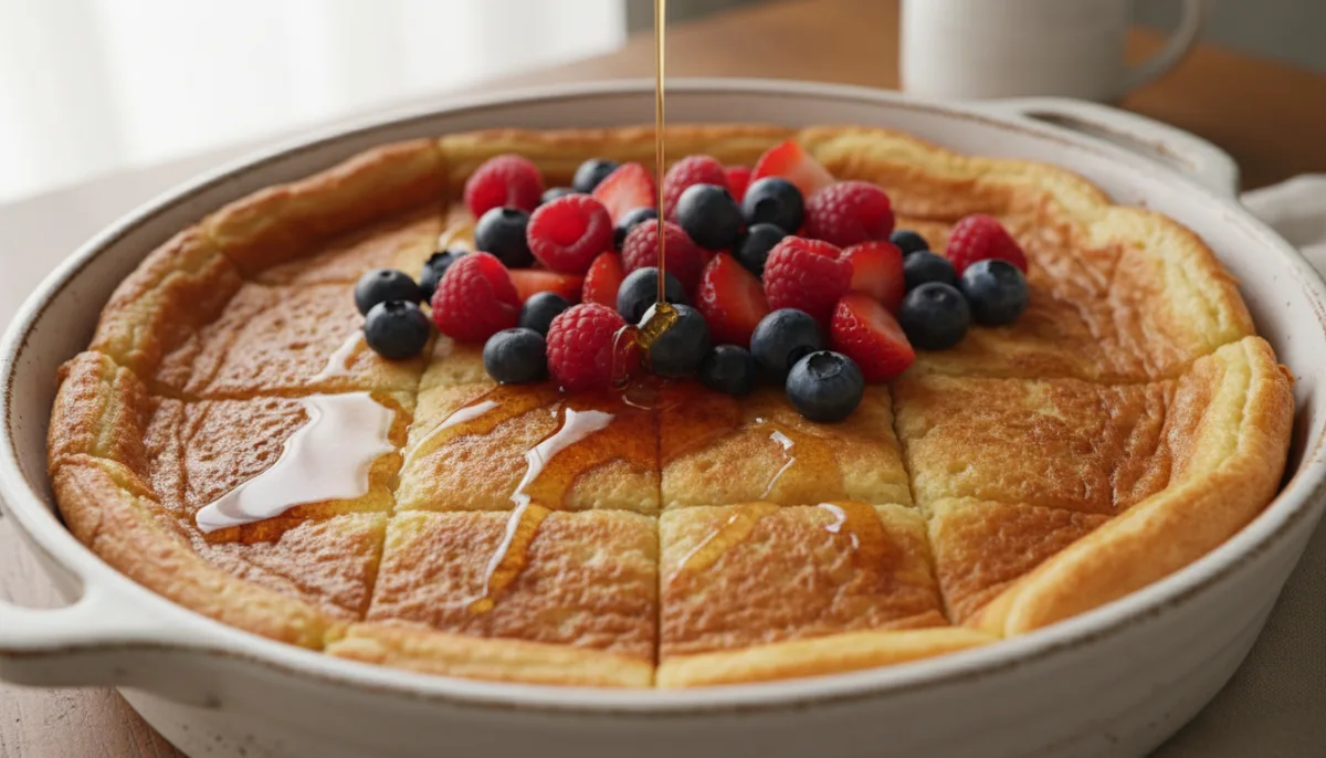Finnish Pannukakku (Oven-Baked Pancake) with Berries and Maple Syrup